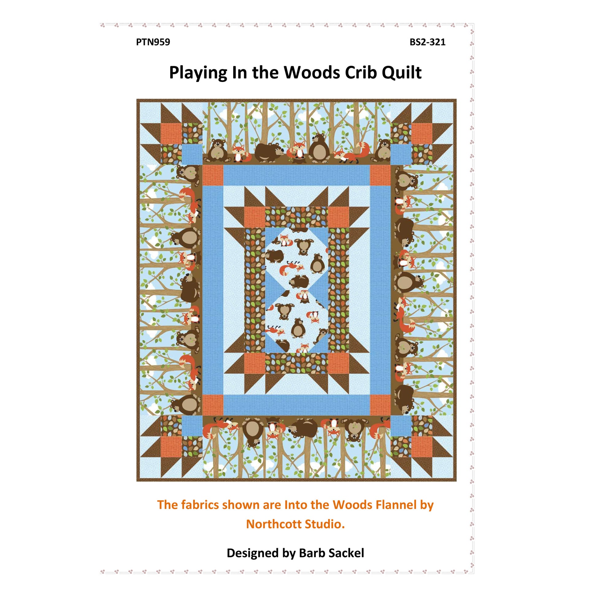 Quilt pattern cover titled 'Playing In the Woods Crib Quilt' with colorful design and text.