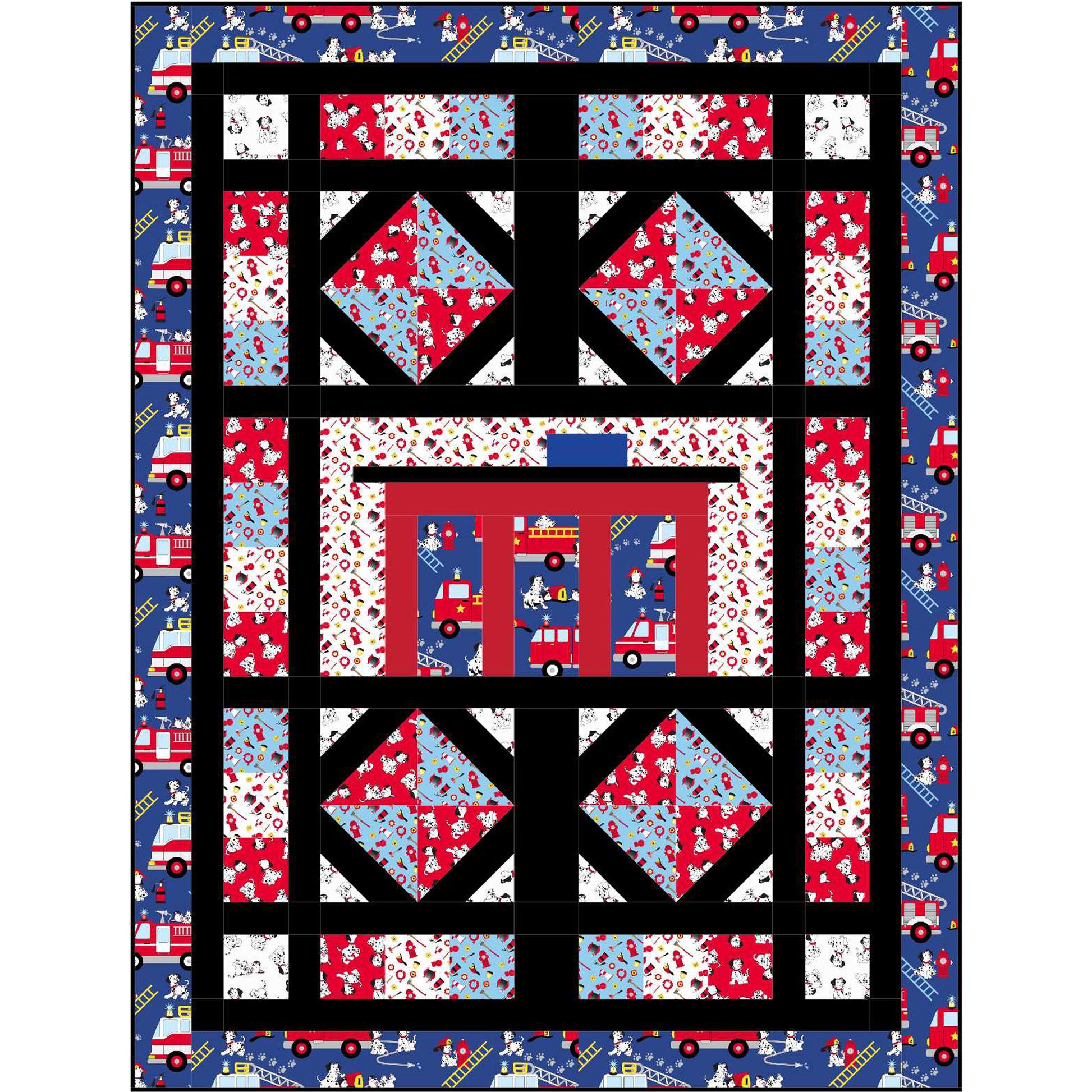 Quilt with fire truck and star pattern on a blue background