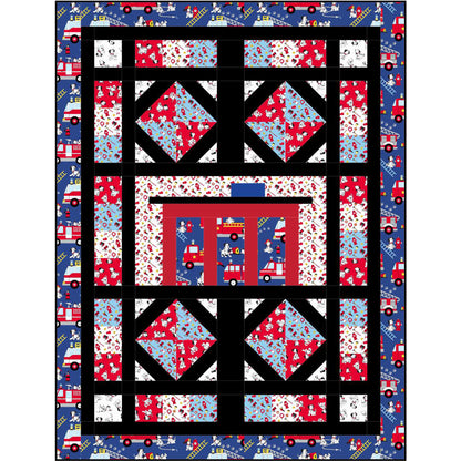 Quilt with fire truck and star pattern on a blue background