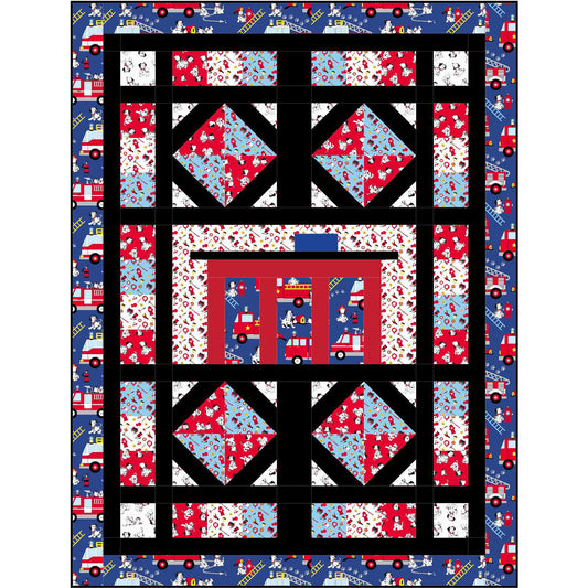 Quilt with fire truck and star pattern on a blue background