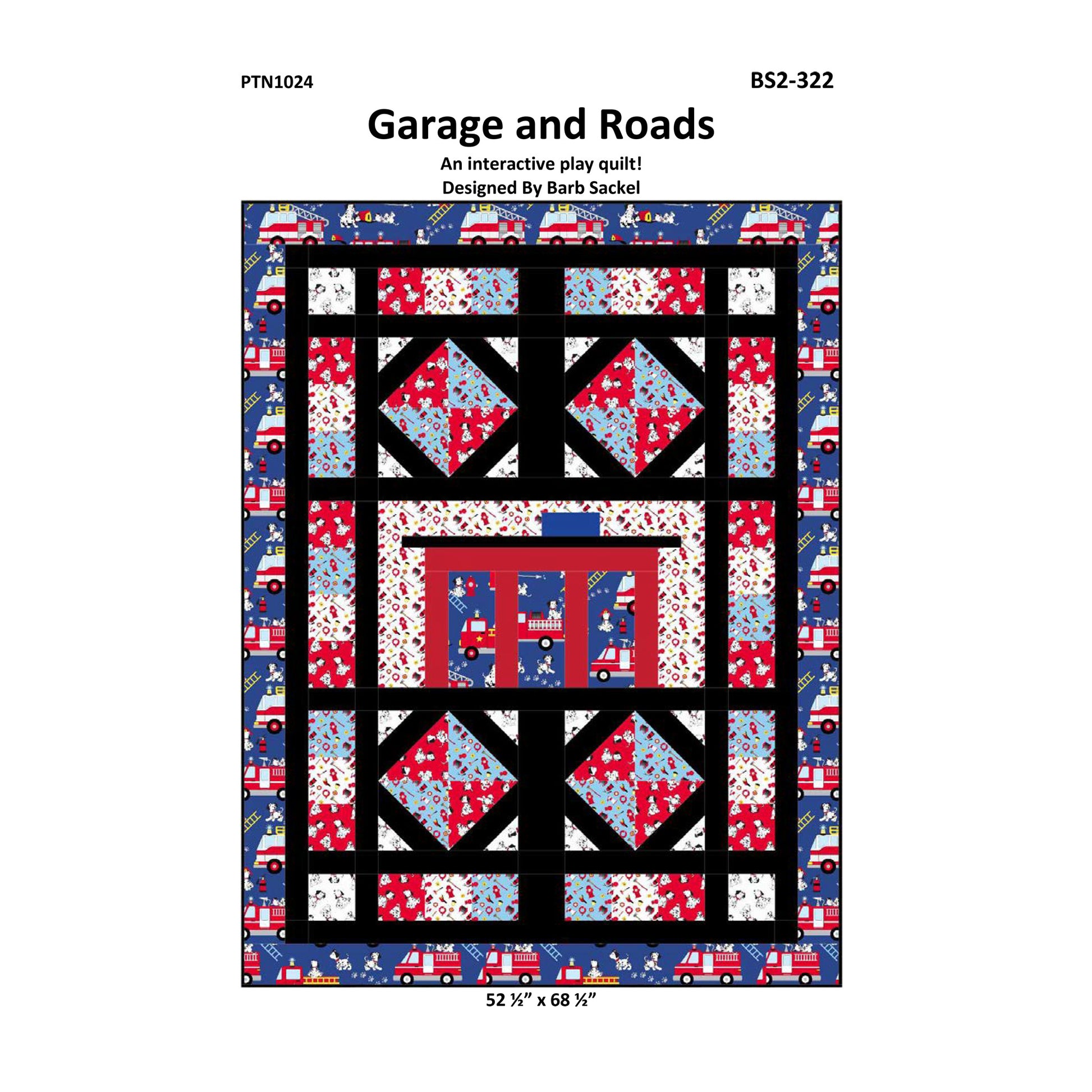 Quilt pattern cover titled 'Garage and Roads' with a geometric design on a white background.