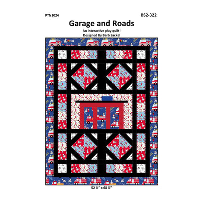 Quilt pattern cover titled 'Garage and Roads' with a geometric design on a white background.