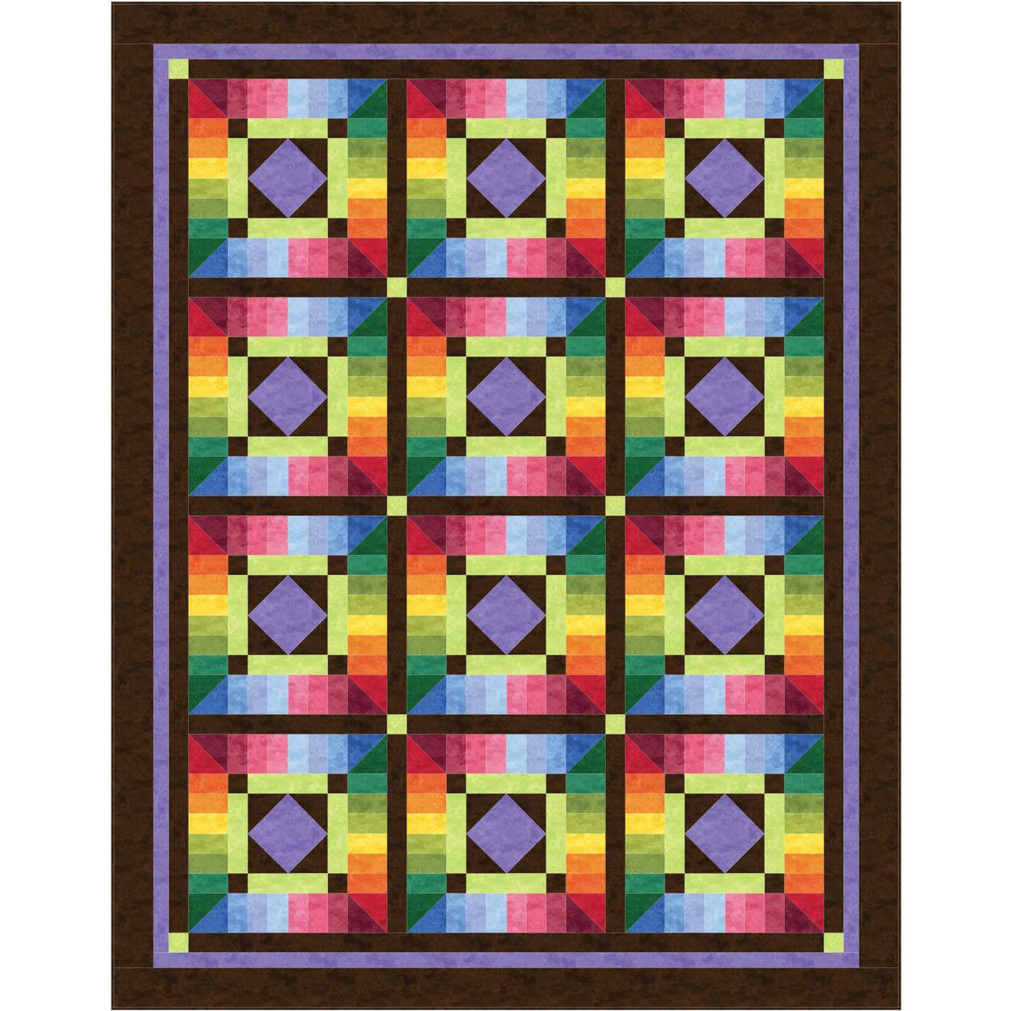 Colorful quilt with geometric pattern on a white background