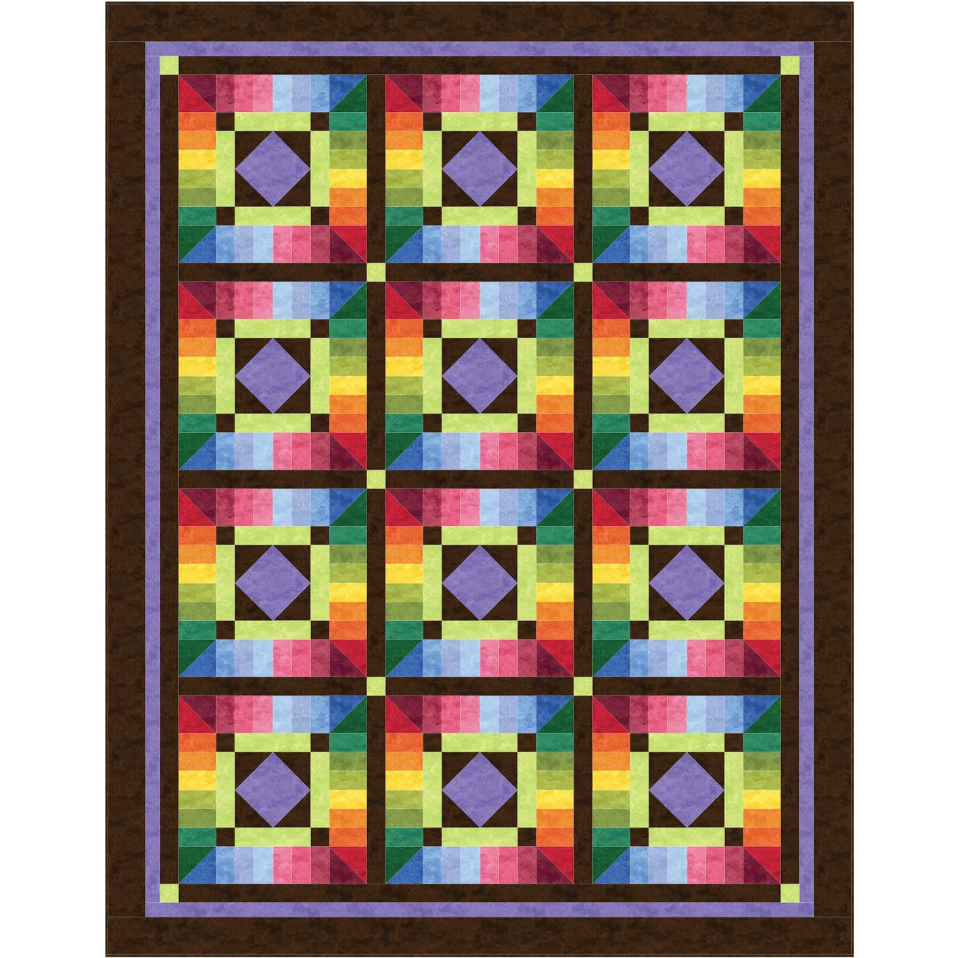 Colorful quilt with geometric pattern on a white background