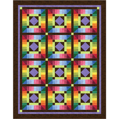 Colorful quilt with geometric pattern on a white background