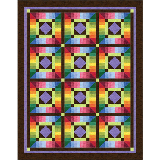 Colorful quilt with geometric pattern on a white background