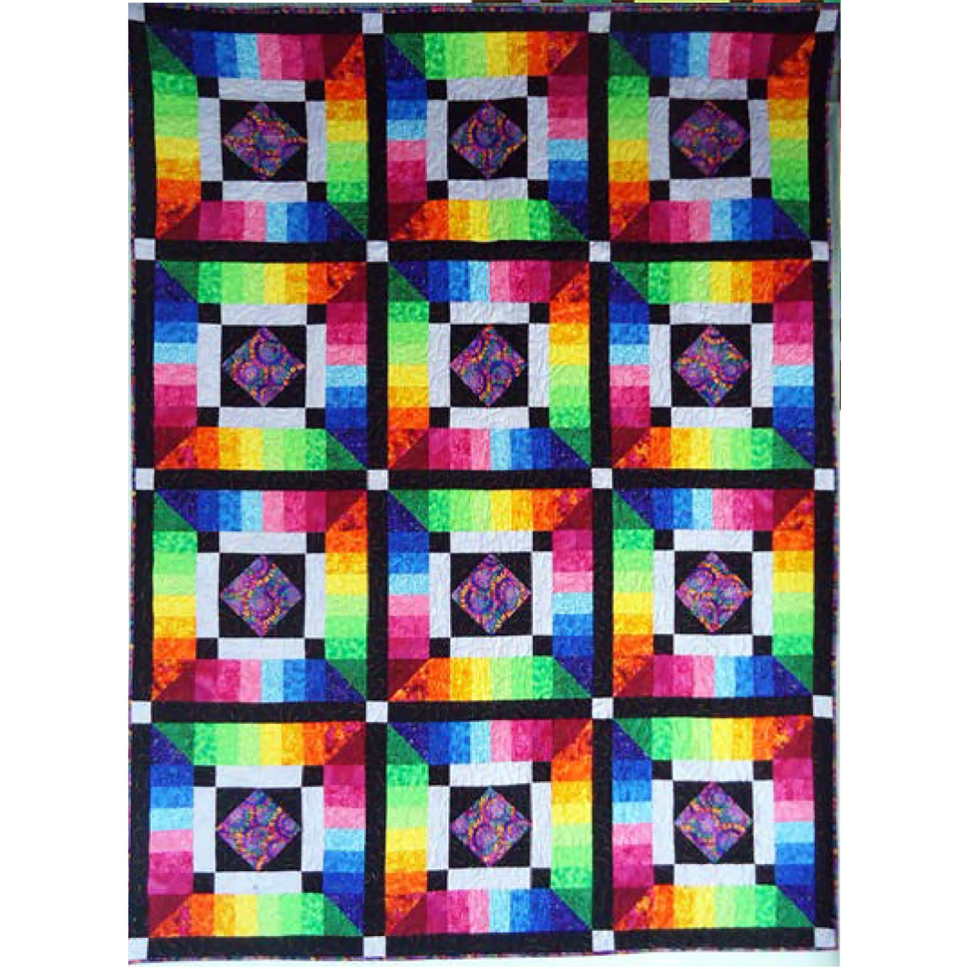 Colorful quilt with geometric pattern on a white background