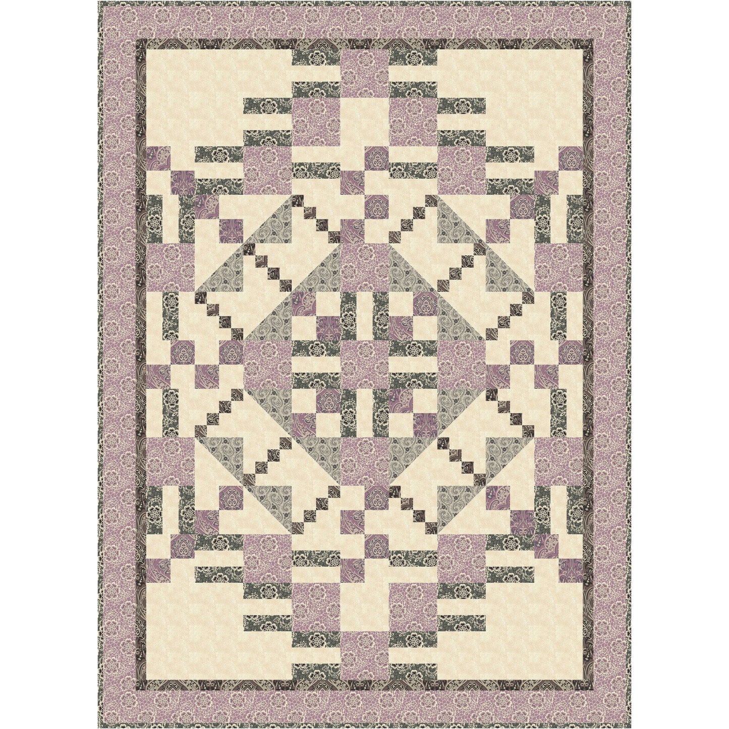 Quilt with geometric pattern featuring purple, gray, and beige colors on a white background