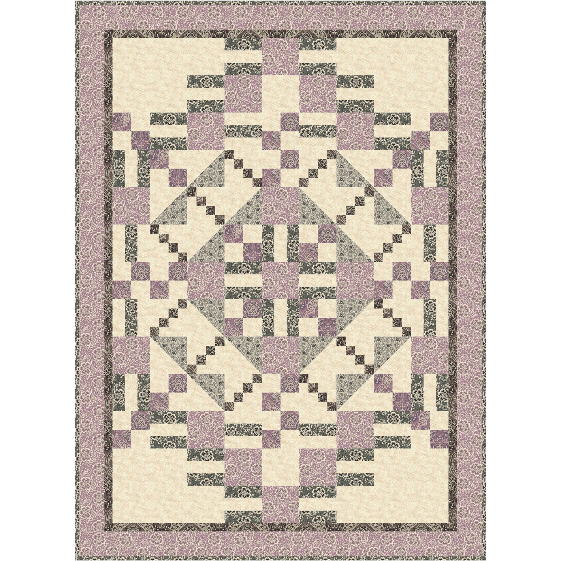 Quilt with geometric pattern featuring purple, gray, and beige colors on a white background