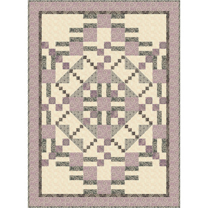 Quilt with geometric pattern featuring purple, gray, and beige colors on a white background