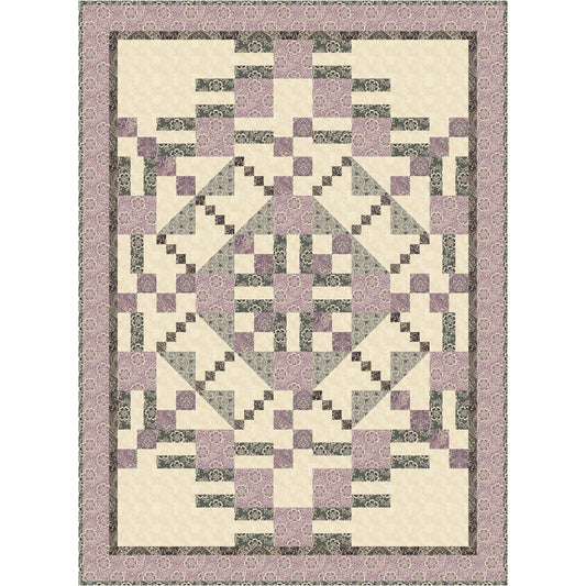 Quilt with geometric pattern featuring purple, gray, and beige colors on a white background