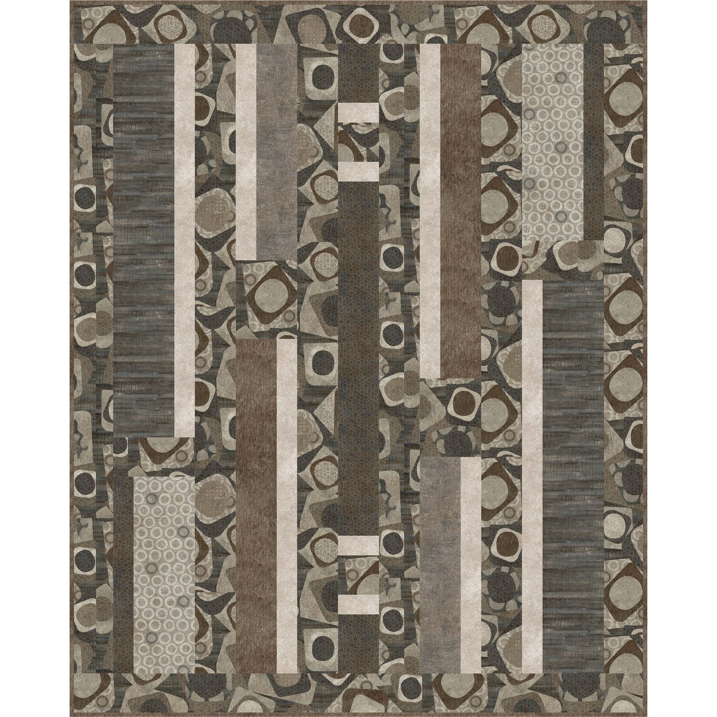 Geometric patterned rug with brown, beige, and gray colors on a white background