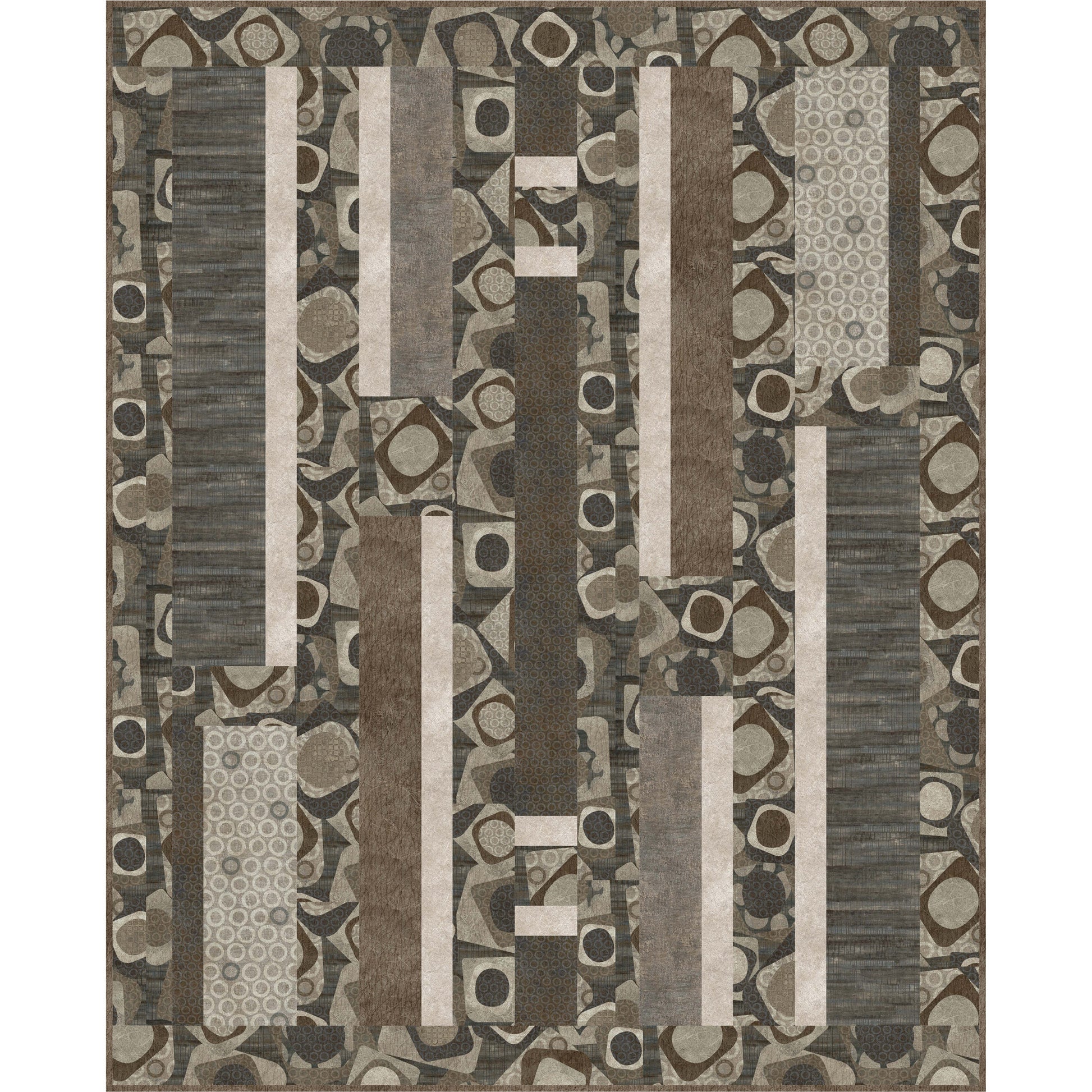 Geometric patterned rug with brown, beige, and gray colors on a white background