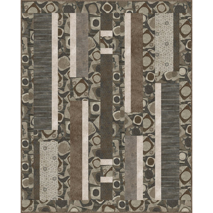 Geometric patterned rug with brown, beige, and gray colors on a white background