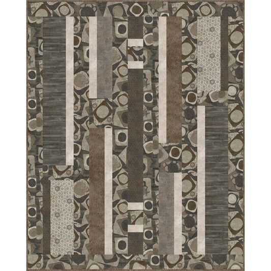 Geometric patterned rug with brown, beige, and gray colors on a white background
