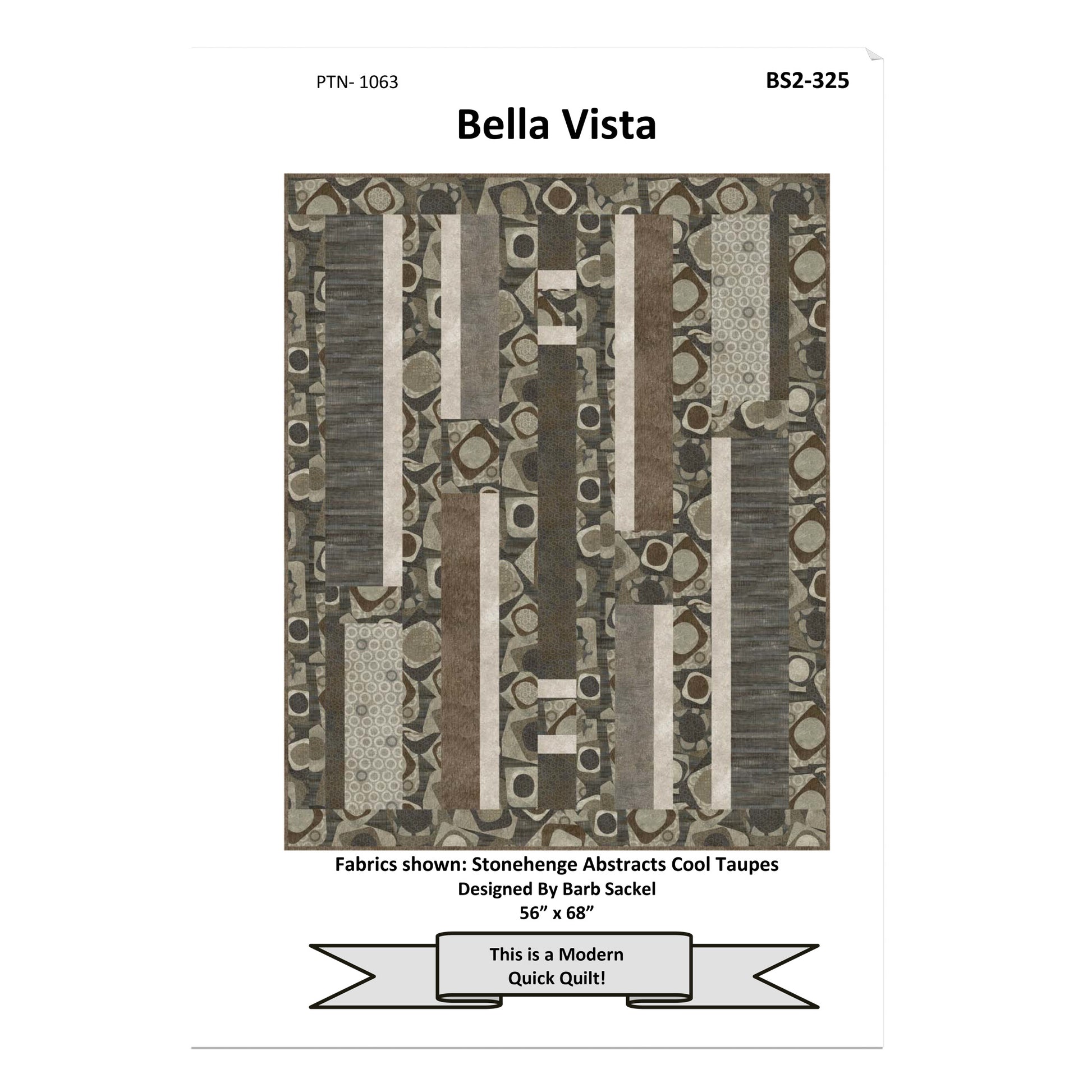 Patterned fabric swatch labeled 'Bella Vista' with design details on a white background.