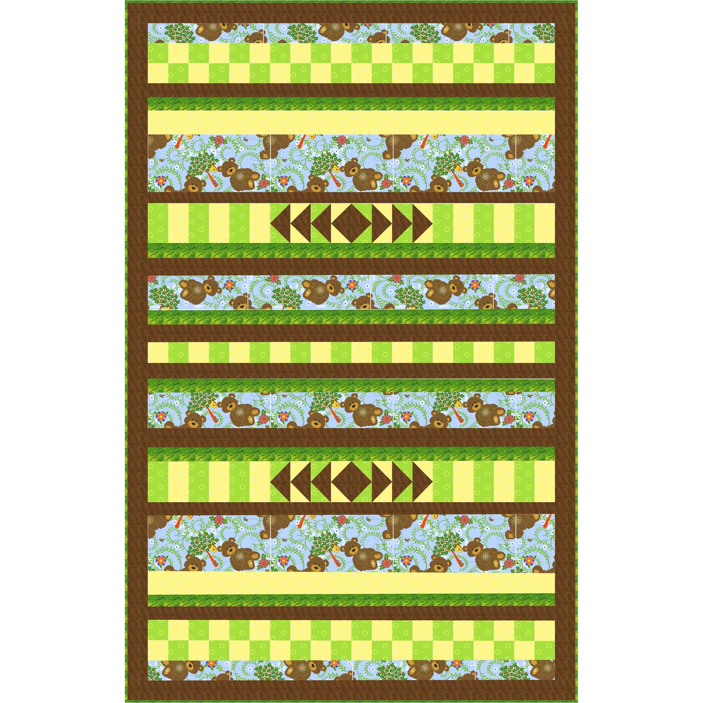 Quilt with striped pattern featuring animals and geometric shapes on a white background