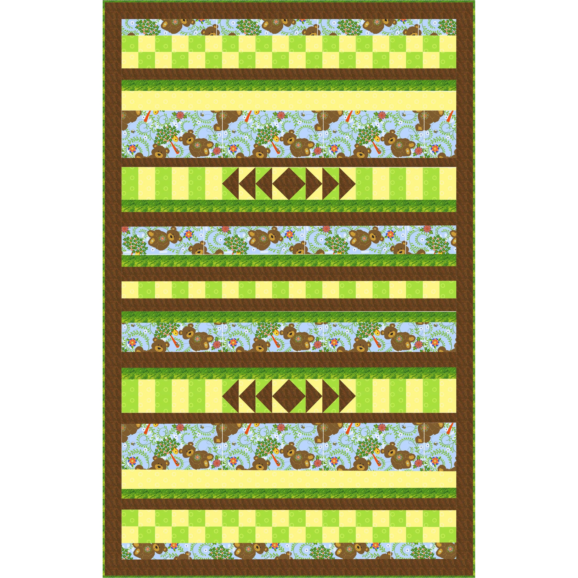 Quilt with striped pattern featuring animals and geometric shapes on a white background