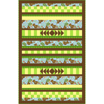 Quilt with striped pattern featuring animals and geometric shapes on a white background