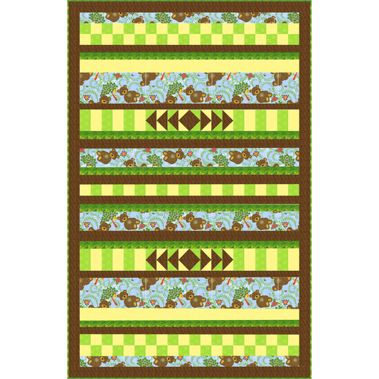 Quilt with striped pattern featuring animals and geometric shapes on a white background