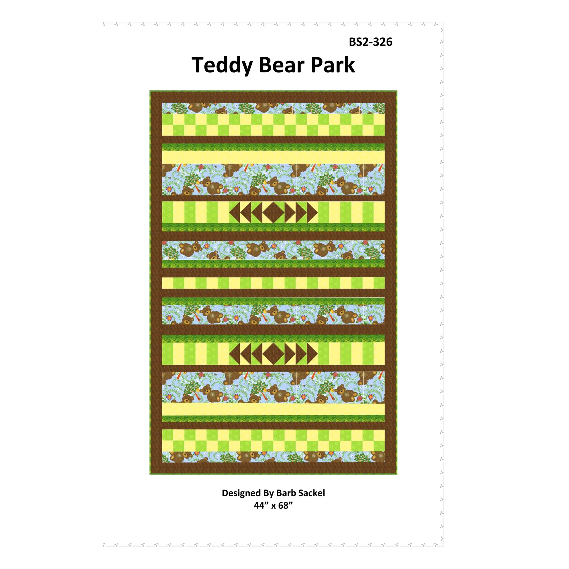 Quilt pattern fabric panel with 'Teddy Bear Park' design on a white background