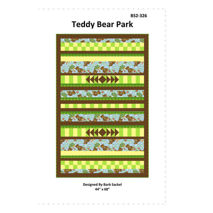 Quilt pattern fabric panel with 'Teddy Bear Park' design on a white background