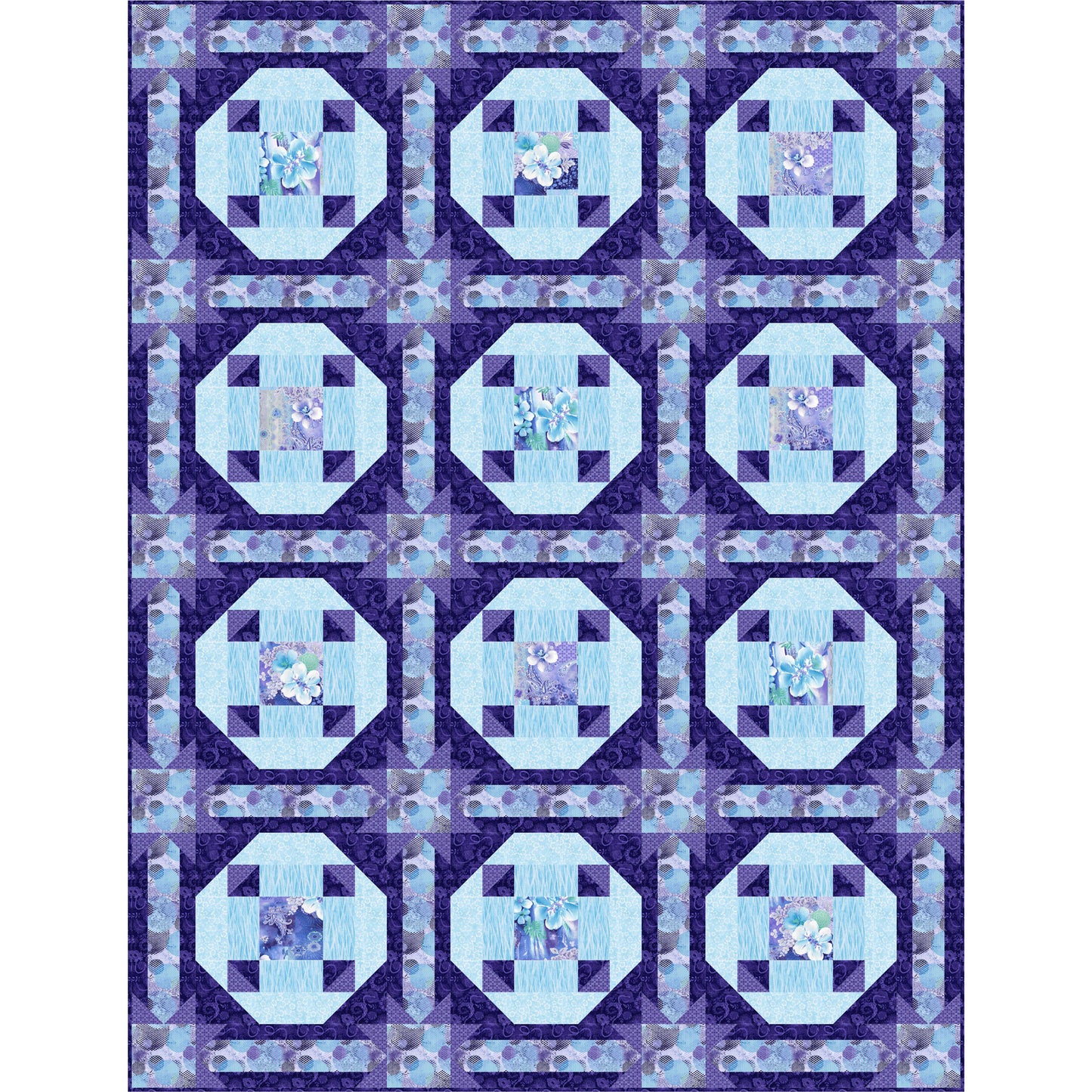 Quilt with blue and purple geometric pattern on a white background