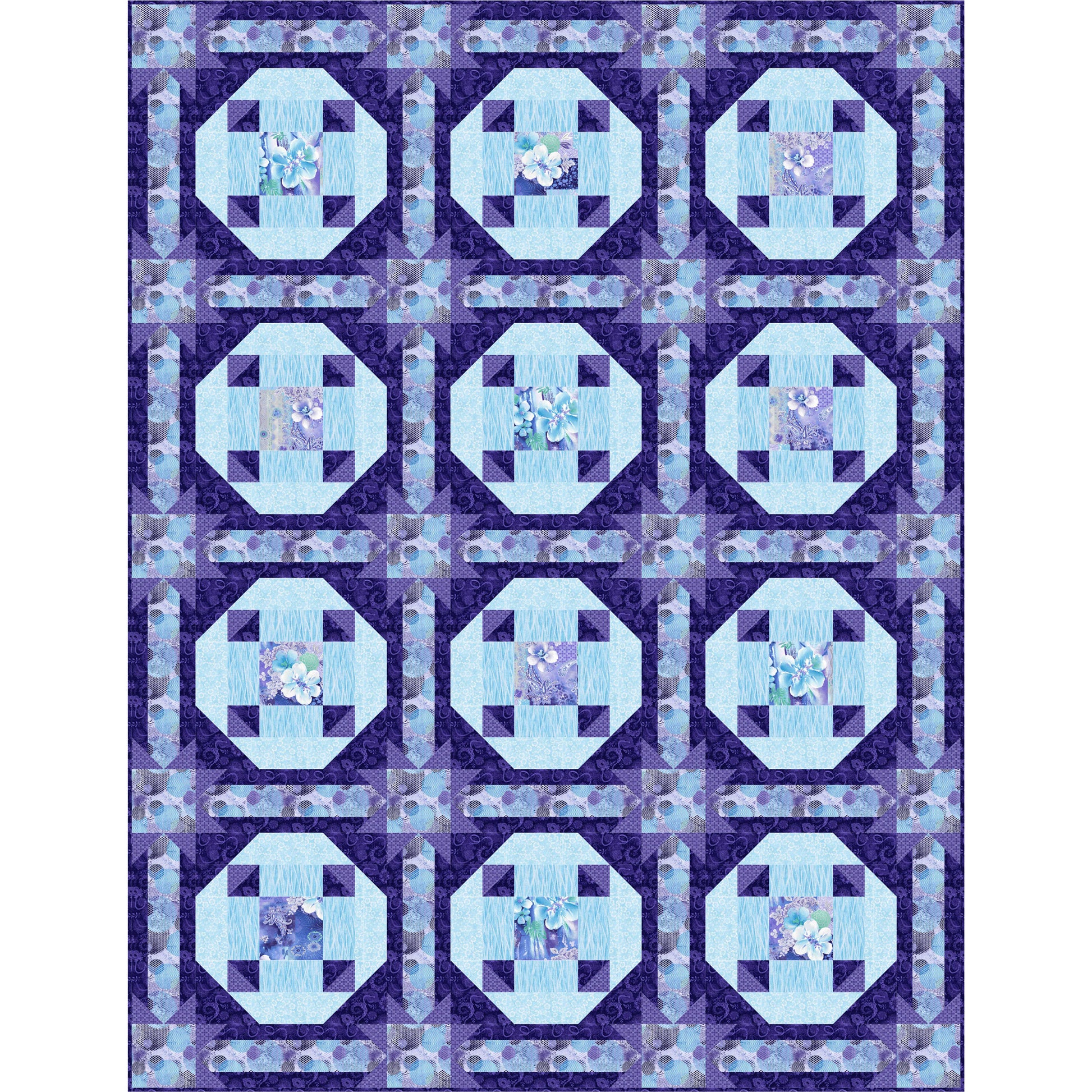 Quilt with blue and purple geometric pattern on a white background