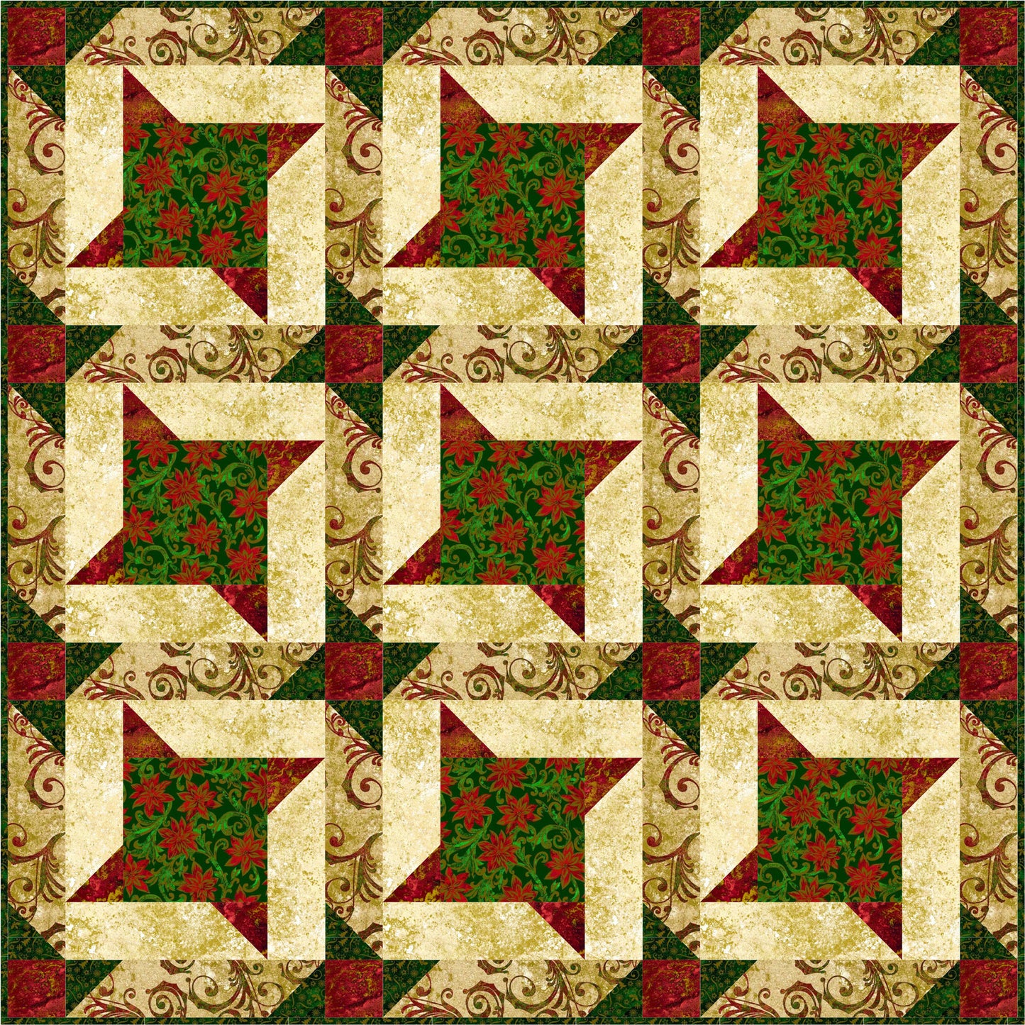 Quilt with star pattern in red, green, and beige on a green background