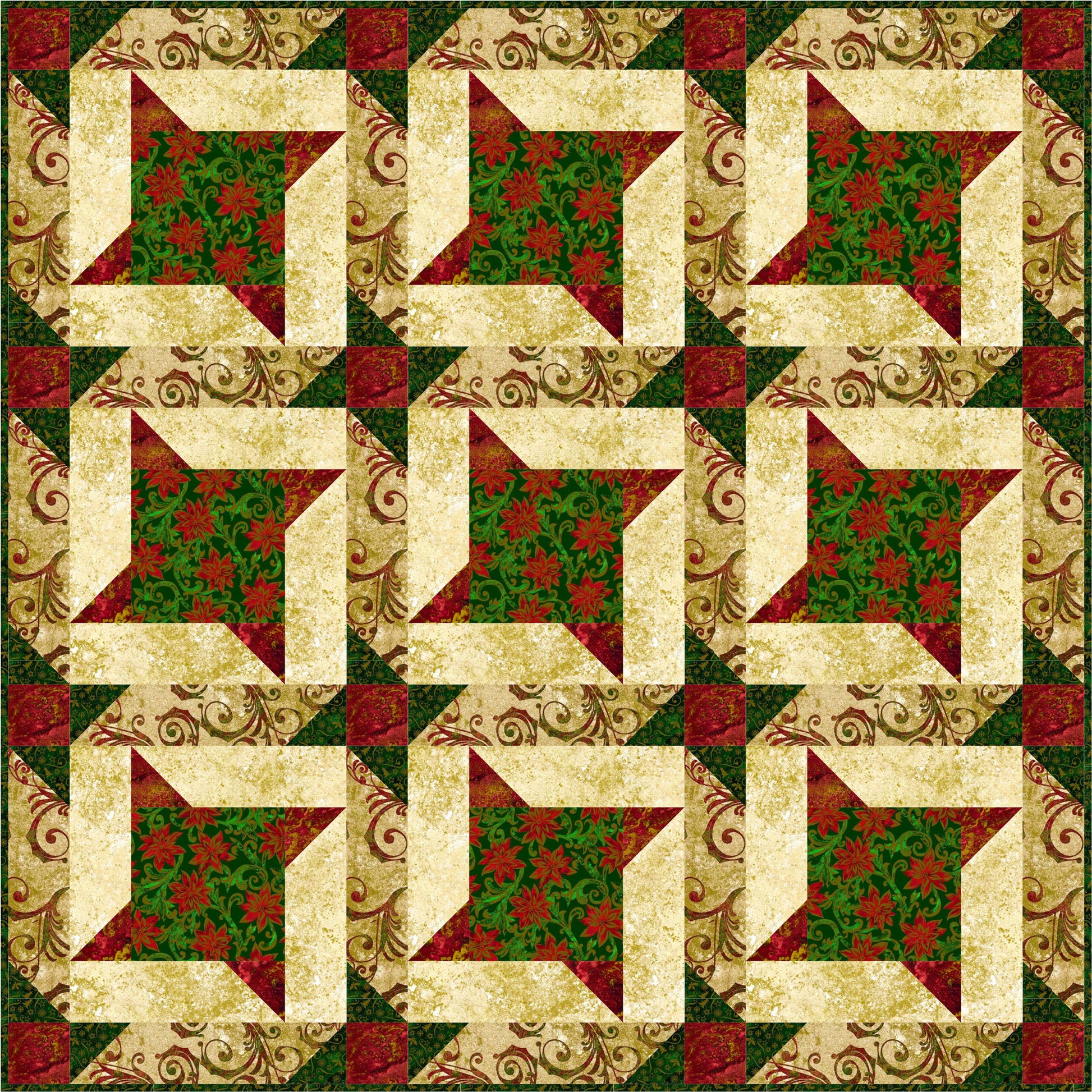 Quilt with star pattern in red, green, and beige on a green background