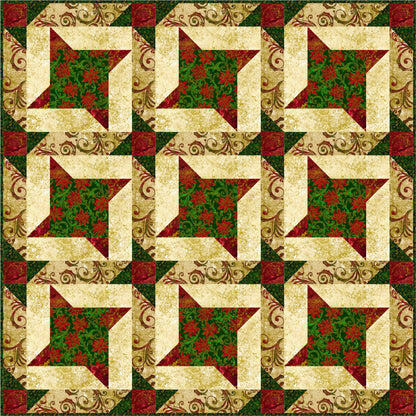 Quilt with star pattern in red, green, and beige on a green background