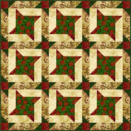 Quilt with star pattern in red, green, and beige on a green background