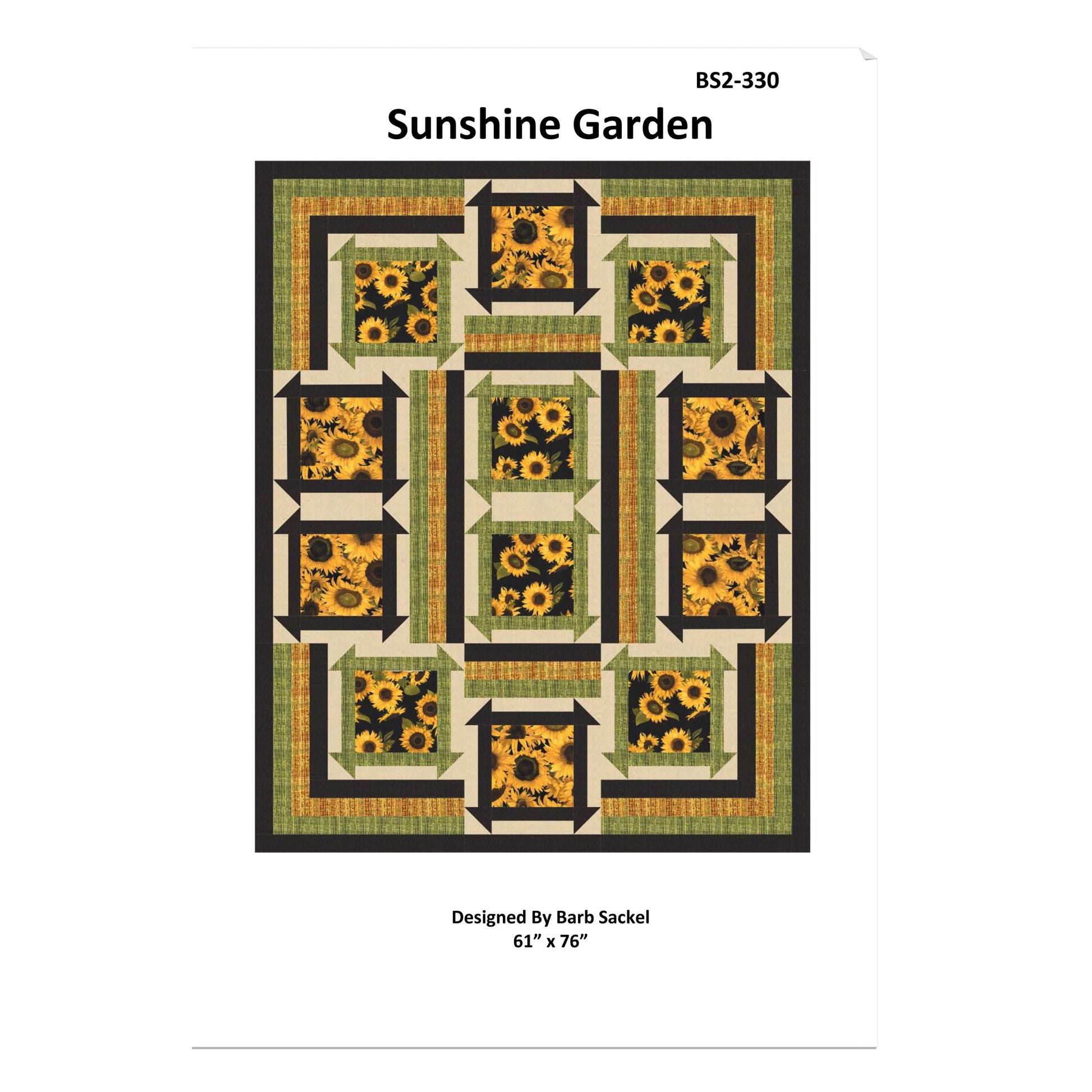 Quilt pattern design titled 'Sunshine Garden' with sunflower motifs on a white background.