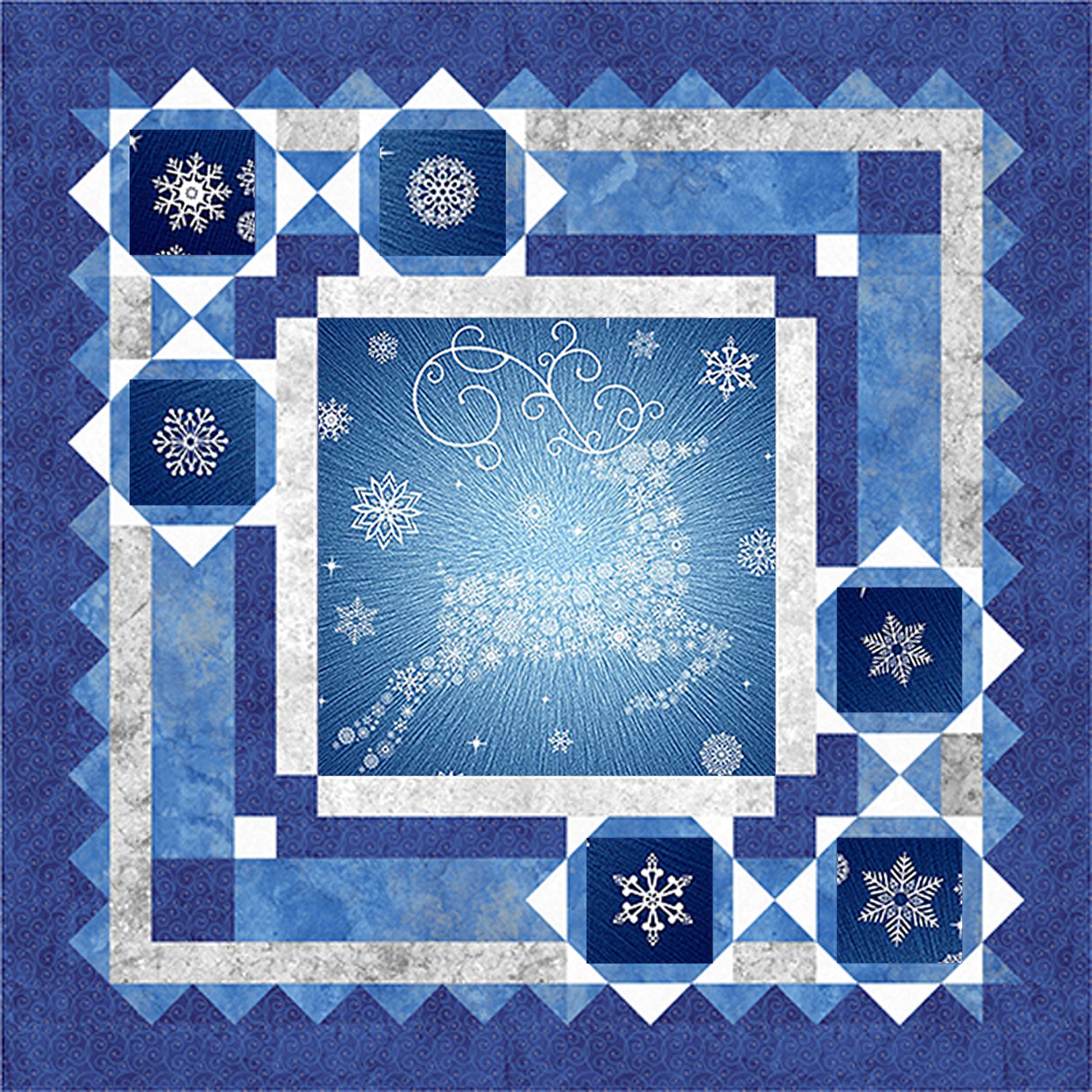 Blue quilt with snowflake patterns and a central design