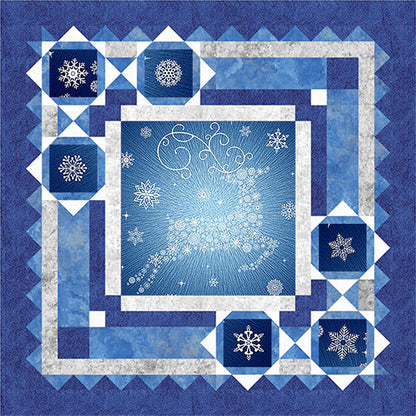 Blue quilt with snowflake patterns and a central design