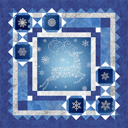 Blue quilt with snowflake patterns and a central design