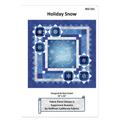 Fabric panel design for 'Holiday Snow' with blue and white snowflake pattern on a white background.