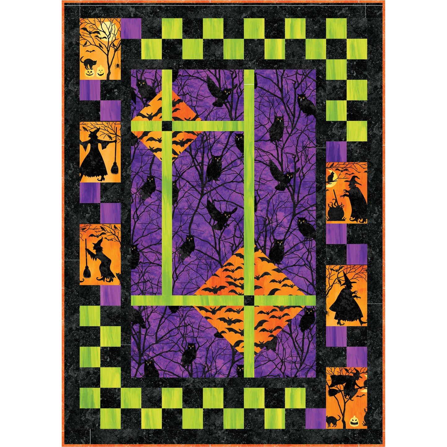 Halloween-themed quilt with purple, orange, and green patterns on a black background.