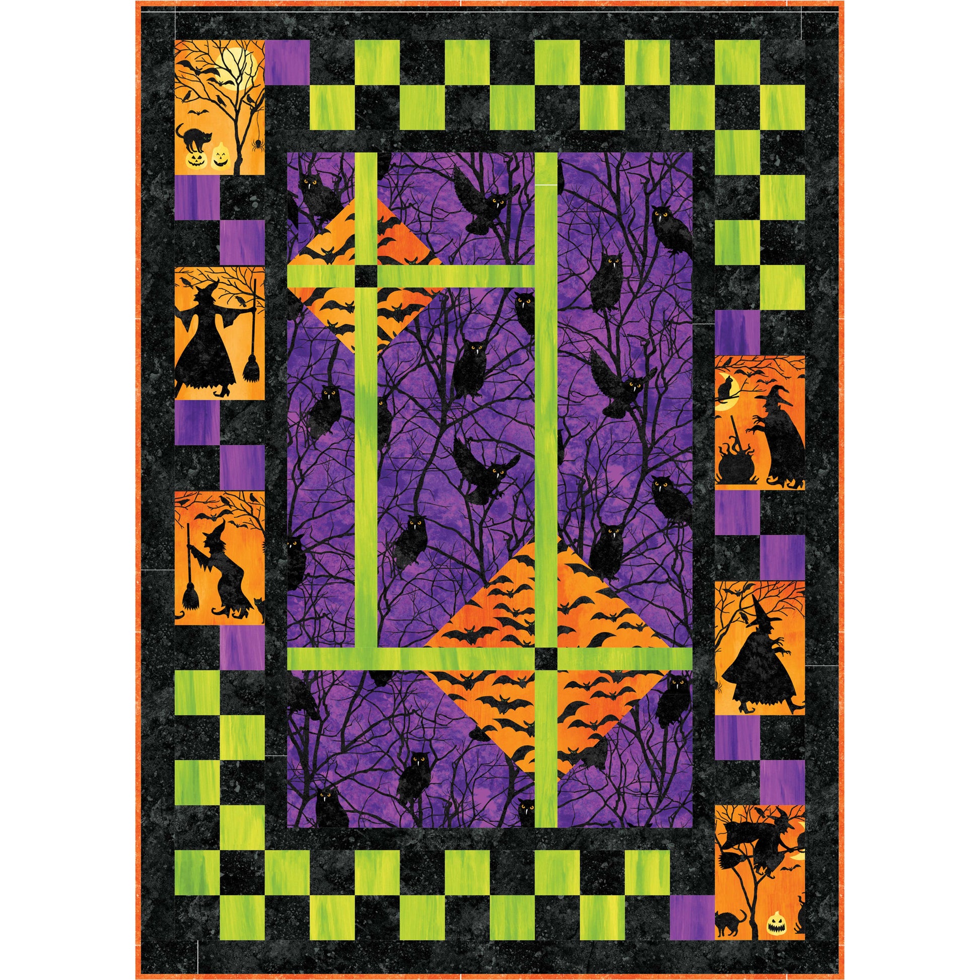 Halloween-themed quilt with purple, orange, and green patterns on a black background.