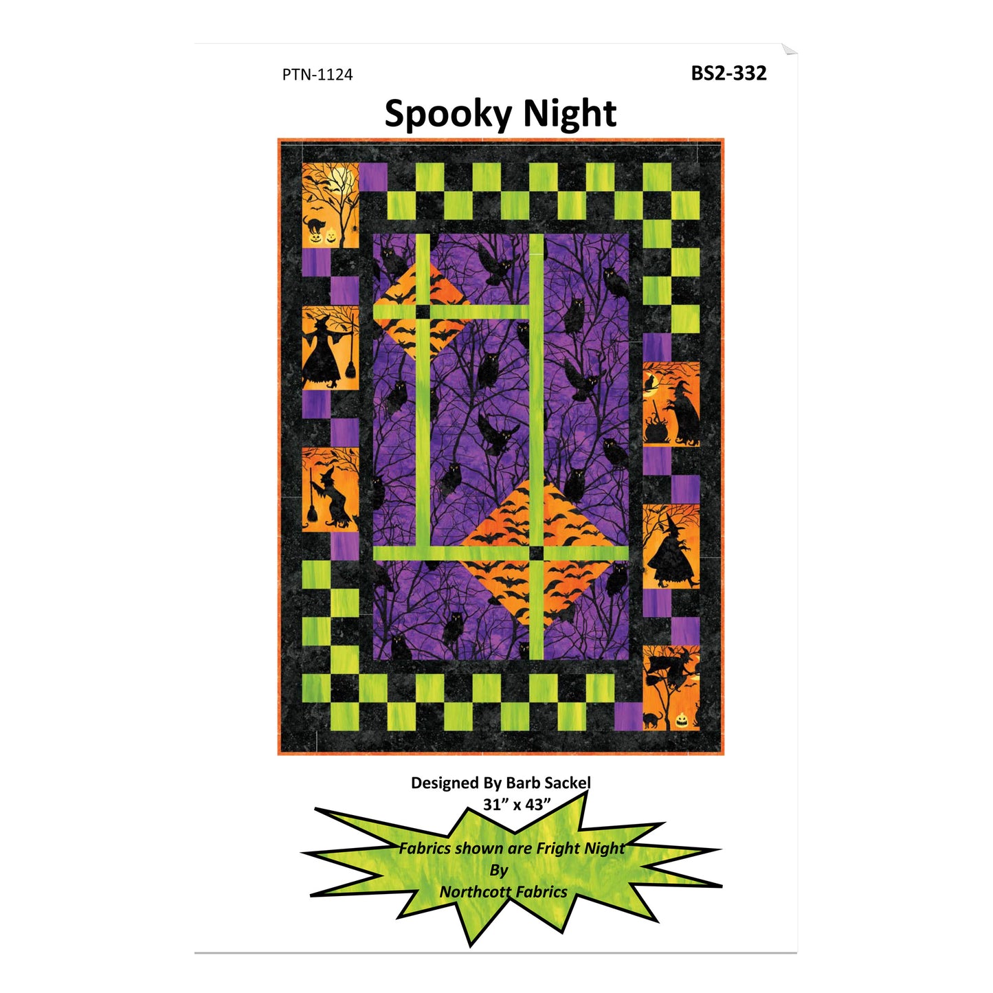 Quilt pattern cover titled 'Spooky Night' with Halloween-themed design on a white background.