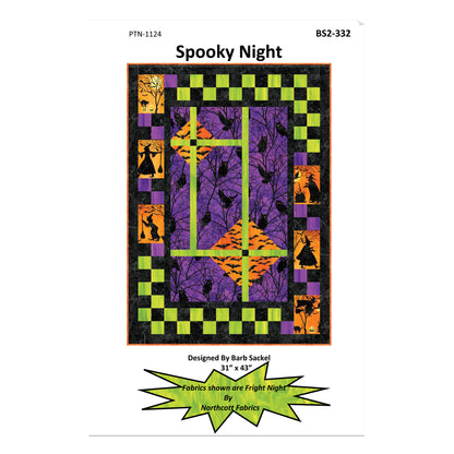 Quilt pattern cover titled 'Spooky Night' with Halloween-themed design on a white background.