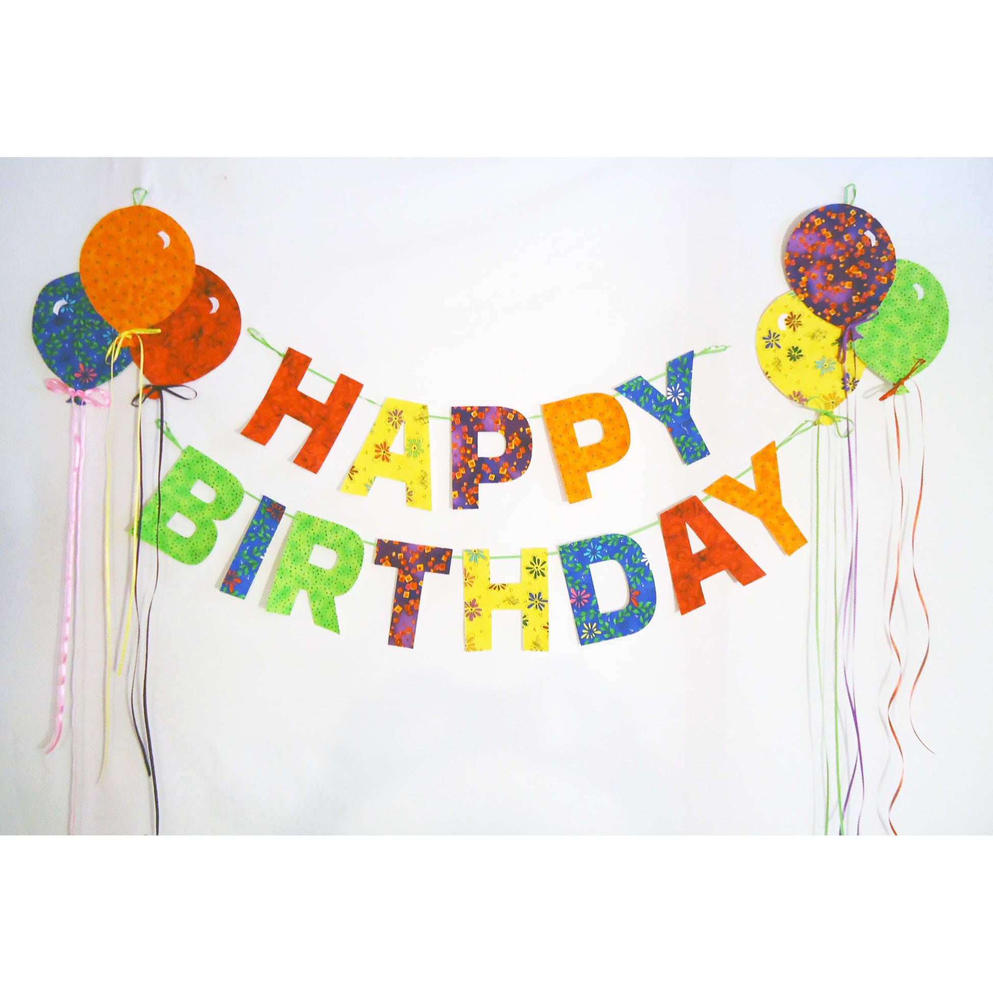 Colorful 'Happy Birthday' banner with balloons on a white background