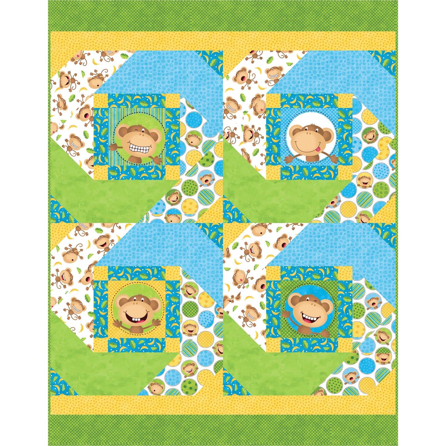 Children's quilt with monkey pattern on a green background
