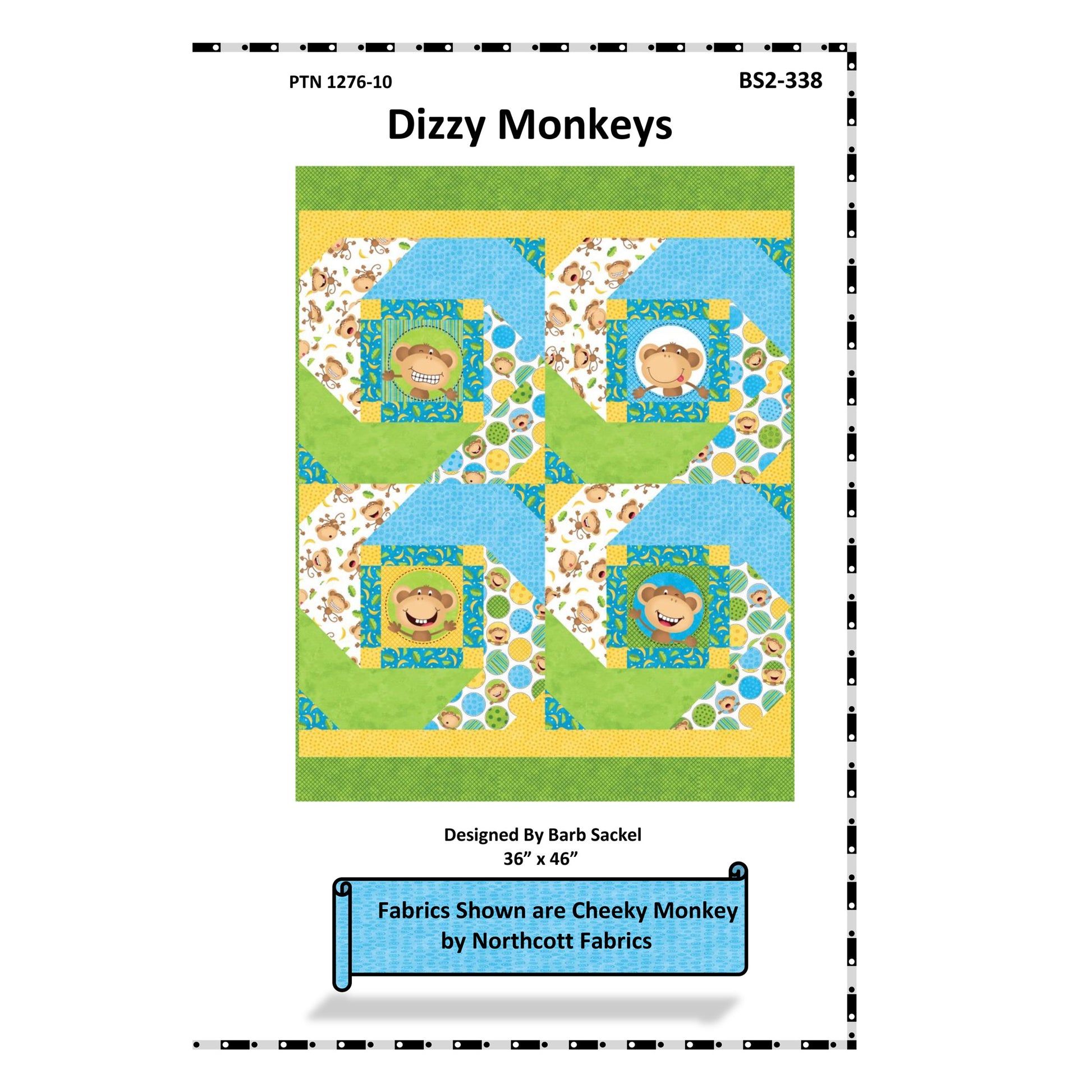 Pattern for a quilt titled 'Dizzy Monkeys' with colorful monkey design on a white background.