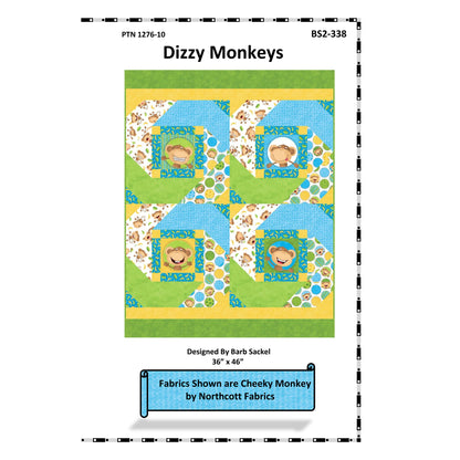 Pattern for a quilt titled 'Dizzy Monkeys' with colorful monkey design on a white background.