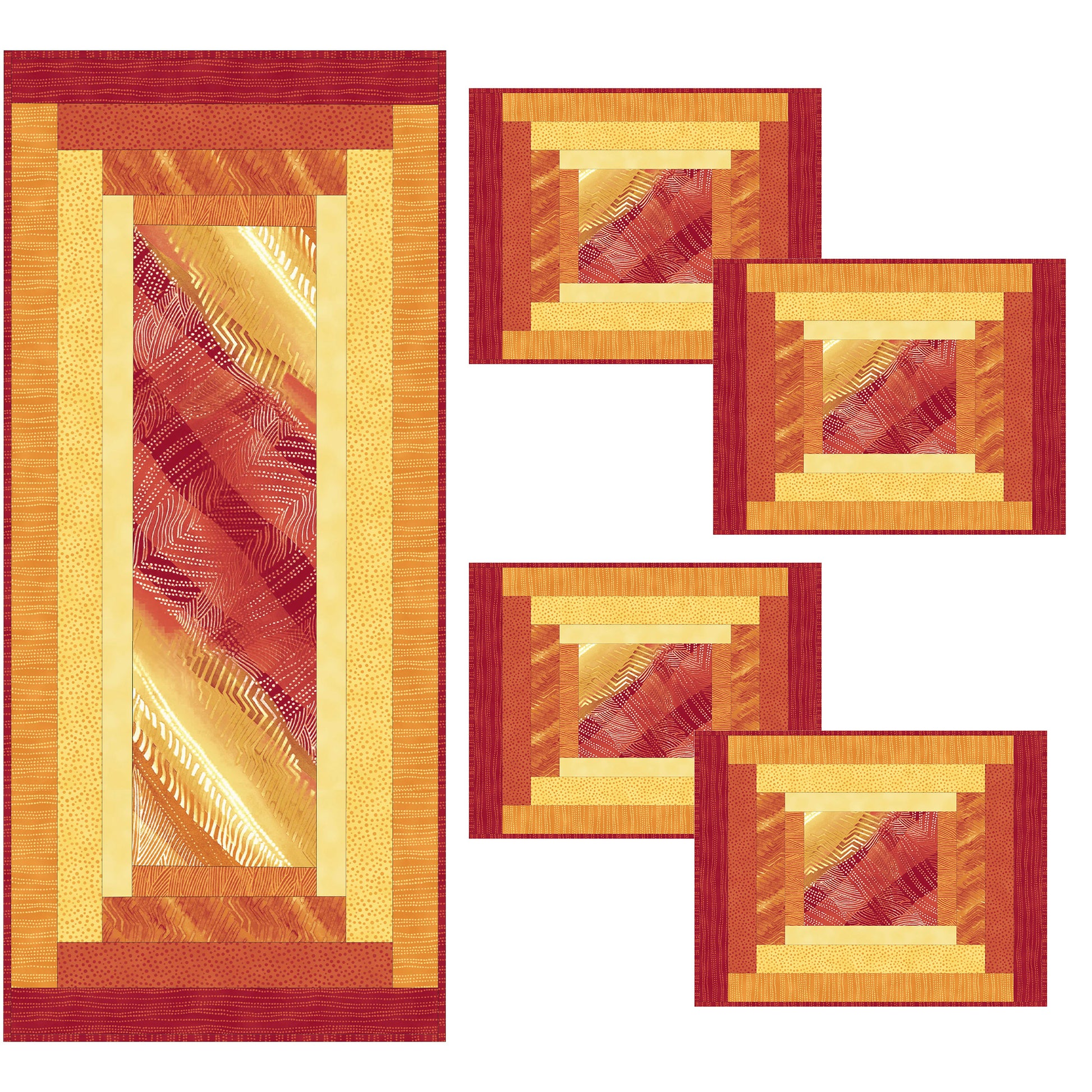 Set of geometric-patterned tiles with red and gold design on a white background