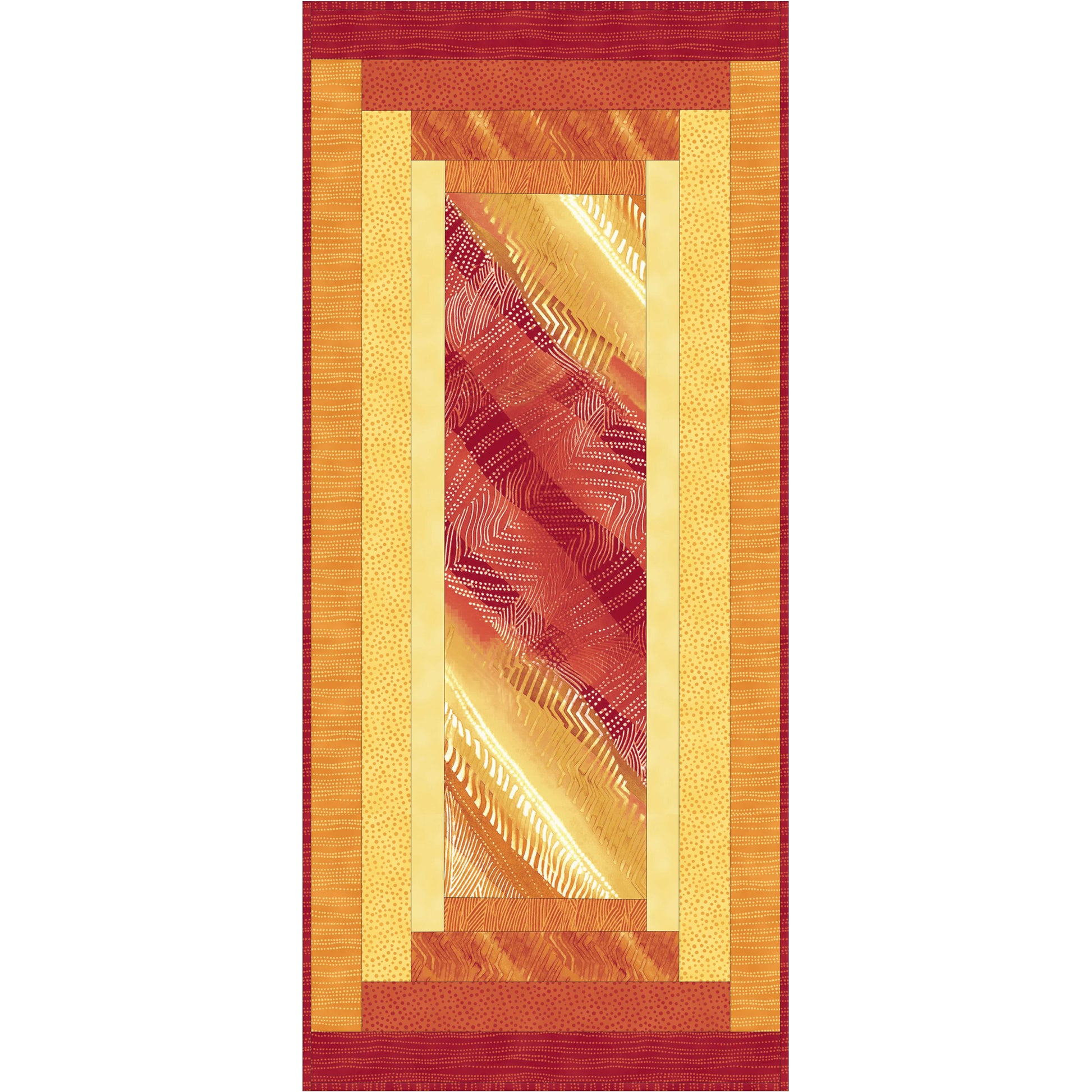 Decorative rug with geometric pattern and red border on a white background