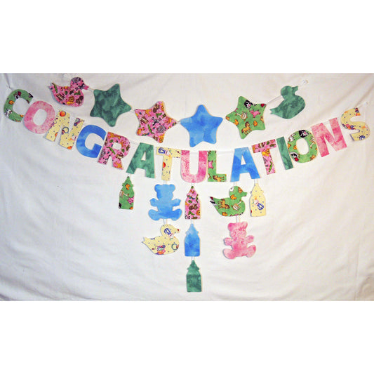 Colorful 'Congratulations' banner with decorative letters and shapes on a white background