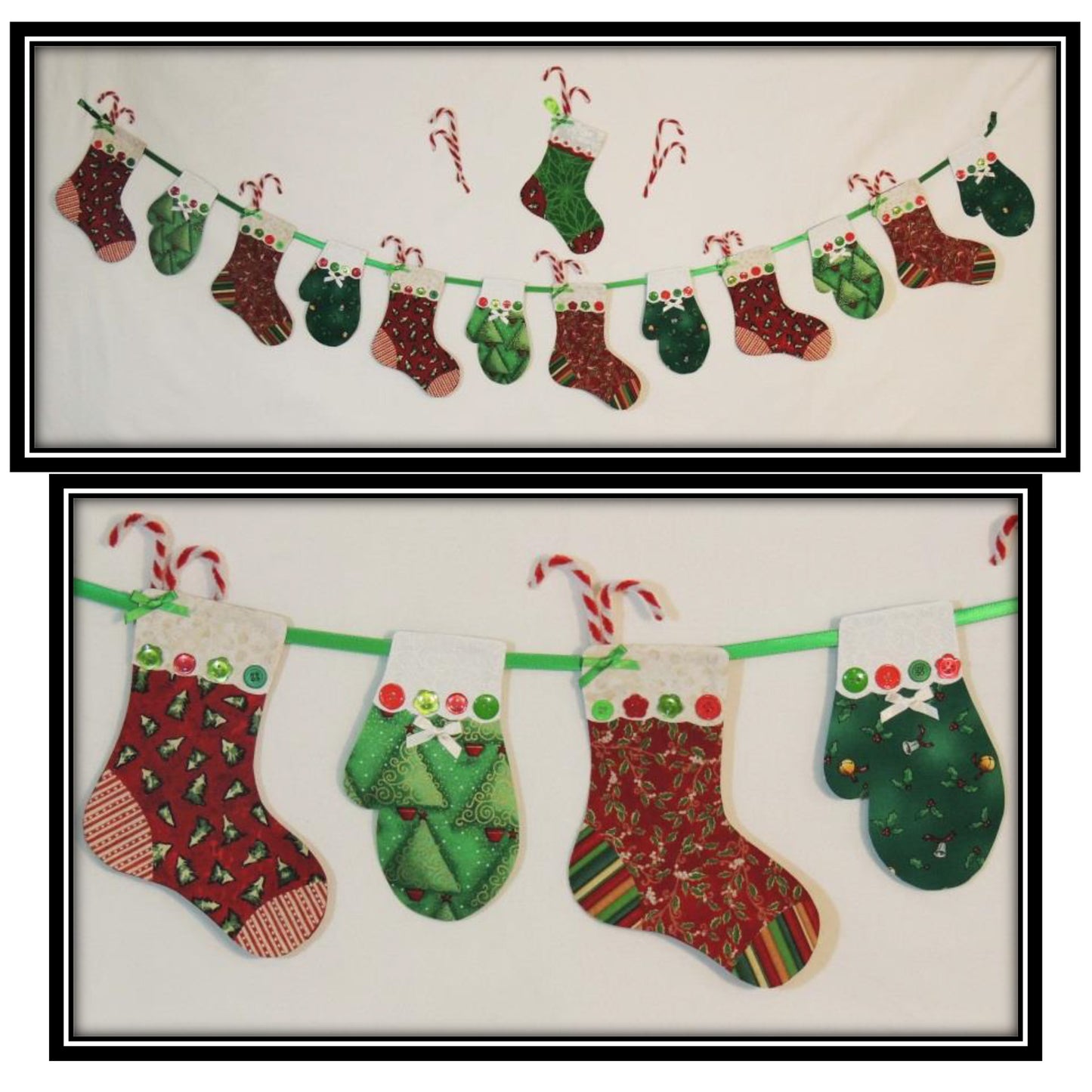 Stockings and Mittens Garland in Christmas fabrics. Top image shows a large garland with one stocking above it. The bottom image shows a close-up.
