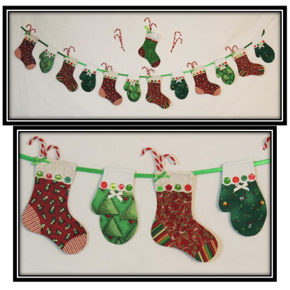 Stockings and Mittens Garland in Christmas fabrics. Top image shows a large garland with one stocking above it. The bottom image shows a close-up.